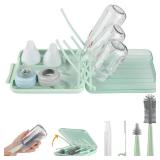 $17 Bottle Brush Set -Baby Travel Essential-6 in 1 Bottle Cleaner Kit with Silicone Bottle Brush,Nipple Cleaner Brush,Straw Brush,Soap Dispenser,Storage Box,Bottle Drying Rack for Home and Travel(Gree