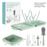 $17 Bottle Brush Set -Baby Travel Essential-6 in 1 Bottle Cleaner Kit with Silicone Bottle Brush,Nipple Cleaner Brush,Straw Brush,Soap Dispenser,Storage Box,Bottle Drying Rack for Home and Travel(Gree