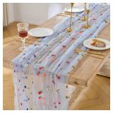 $31 BINBE 6pcs Daisy Spring Table Runner Embroidery Gauze 10FT Florals Seasonal Tulle Holiday Birthday Kitchen Dining Table Decor for Home Party Blue