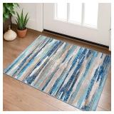 $19 Lansny Small Abstract Area Rug, Entryway Rug Washable Door Mat Indoor Entrance, 2x3 Washable Rug Non-Slip, Soft Blue Kitchen Rugs Thin Print Faux Wool Floor Carpet Throw Rugs for Foyer Front Door 