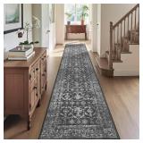 $37 2x10 Hallway Washable Runner Rug Vintage Boho Extra Long Runners for Kitchen, Bathroom, Distressed Floral Floor Mat Non-Slip Farmhouse Carpet, Black