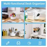 Marbrasse Desk Organizer, 360-Degree Rotating Pen Holder, Desk Organizers and Accessories with 5 Compartments Pencil Holder, Art Supply Storage Box Caddy for Office, Home White