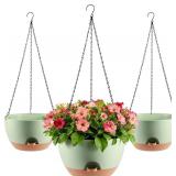 $20 3-Piece Set of 10-Inch Hanging Planters with Automatic Watering System and Drip Tray, Includes Metal Chain, Suitable for Various Indoor and Outdoor Plants and Flowers, Green Brown