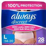 $19 Always Discreet Adult Diapers for Women, Incontinence Underwear, Postpartum Essentials, Disposable Briefs, Max Absorbency, Bladder Leak Protection, Large, 28ct