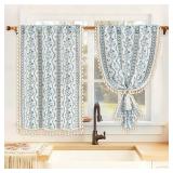$20 Yinhua Boho Kitchen Curtains 36 Inch Length Vintage Linen Cafe Curtains Light Filtering Bohemian Floral Tier Rod Pocket Farmhouse Rustic Tassel Small Drapes with Tiebacks, 2 Panels, White Blue