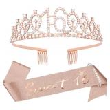 16th Birthday Crown and Sash Kit- "Sweet 16"Birthday Decorations 16th Birthday Party Gifts Birthday Party Supplies for Girls (rose gold)