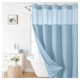 $37 eachope Extra Long No Hooks Needed Linen Textured Shower Curtain with Snap-in Fabric Liner Set,White Hotel Luxury Decor Shower Curtains for Bathroom,Waterproof & Washable,71Wx86H,Fog Blue