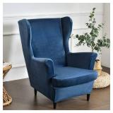 $39 MIFXIN Wingback Chair Slipcover 2-Piece Velvet Stretch Wing Chair Slipcovers with Cushion Cover Removable Washable Armchair Furniture Protector for Living Room (Navy Blue)