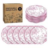 $16 Kochorie 100 Pieces Pink Flower Paper Plates 7 Inches Disposable Floral Paper Plates Scalloped Pink and White Chinoiserie Vintage Flower Dessert Plates for Wedding Birthday Holiday Party Supplies