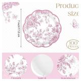 $16 Kochorie 100 Pieces Pink Flower Paper Plates 7 Inches Disposable Floral Paper Plates Scalloped Pink and White Chinoiserie Vintage Flower Dessert Plates for Wedding Birthday Holiday Party Supplies