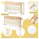 $15 Boho Patch Beach Cosmetic Bag - Summer BEACH Chenille Varsity Toiletry Makeup Bag Beige Letter Clear Waterproof Travel PVC Zipper Clutch Daily Use Purse Summer Makeup Pouch for Women Girls