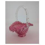 Pink Hobnail Glass Basket With Clear Handle