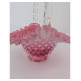Pink Hobnail Glass Basket With Clear Handle