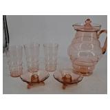 Pink Art Deco style Glass Pitcher & Glass Set