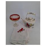 Cardinal Bird Teapot, Crystal Compote & Napkins Mixed Lot
