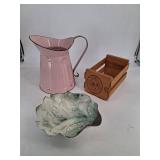 Pink Glass Pitcher Leaf Bowl & Wooden Crate Mixed Lot