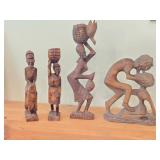 Lot of (4) Hand Carved Figures - Man Kissing Woman, Lady Carrying Basket, African (x2)