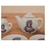 Lot of (5) Vintage Kitty Cucumber Miniatures (Japan) - Tea Pot, Creamer, Suger + (2) Saucers