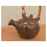 Handmade Stoneware Tea Pot with Woven Rattan Handle