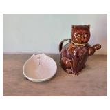 Ceramic Cat Tea Pot + Cat Nap Trinket Dish by Fritz & Floyd