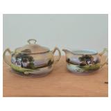 Handpainted Porcelain Lidded Sugar Bowl and Creamer