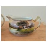 Handpainted Porcelain Lidded Sugar Bowl and Creamer