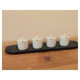 Ceramic Condiment / Spice Pot with Lid on Wood Serving Tray Set of 4