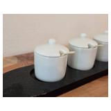 Ceramic Condiment / Spice Pot with Lid on Wood Serving Tray Set of 4