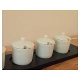 Ceramic Condiment / Spice Pot with Lid on Wood Serving Tray Set of 4