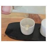Ceramic Condiment / Spice Pot with Lid on Wood Serving Tray Set of 4