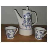 Vintage Figgjo Flint Norway Coffee Pot in the Lotte Pattern by Turi Gramstad Oliver with (2) Coffee Cups