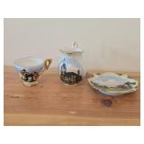 (2) Handpainted Tea Cups (Germany and Japan) + (1) Handpainted Sugar Bowl (Germany)