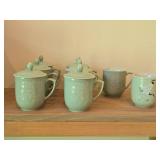 (7) Celadon Peony Embossed Sky Blue Porcelain Lidded Tea Cups + (1) Tea Cup with Crane Design