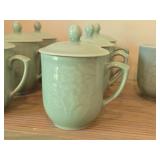 (7) Celadon Peony Embossed Sky Blue Porcelain Lidded Tea Cups + (1) Tea Cup with Crane Design