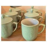 (7) Celadon Peony Embossed Sky Blue Porcelain Lidded Tea Cups + (1) Tea Cup with Crane Design