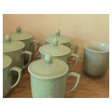 (7) Celadon Peony Embossed Sky Blue Porcelain Lidded Tea Cups + (1) Tea Cup with Crane Design