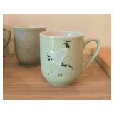 (7) Celadon Peony Embossed Sky Blue Porcelain Lidded Tea Cups + (1) Tea Cup with Crane Design
