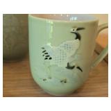 (7) Celadon Peony Embossed Sky Blue Porcelain Lidded Tea Cups + (1) Tea Cup with Crane Design