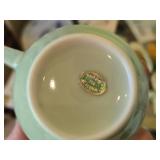 (7) Celadon Peony Embossed Sky Blue Porcelain Lidded Tea Cups + (1) Tea Cup with Crane Design