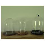 Lot of (3) Cloche Dome with Wood Base - (2) Glass + (1) Plastic