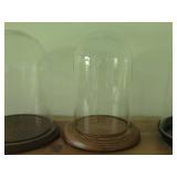 Lot of (3) Cloche Dome with Wood Base - (2) Glass + (1) Plastic