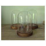 Lot of (3) Clear Glass Cloche Dome with Wood Base