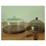 Lot of (2) Cloche Dome with Wood Base - (1) Glass + (1) Plastic