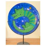Cobalt Blue Art Glass Plate Featuring Green Cat and Stars on Stand
