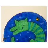Cobalt Blue Art Glass Plate Featuring Green Cat and Stars on Stand