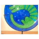 Cobalt Blue Art Glass Plate Featuring Green Cat and Stars on Stand