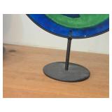 Cobalt Blue Art Glass Plate Featuring Green Cat and Stars on Stand