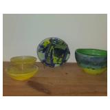 (2) Yellow Glass Bowls + Glass Bowl + Abstract Art Fused Glass Plate