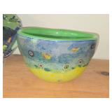(2) Yellow Glass Bowls + Glass Bowl + Abstract Art Fused Glass Plate