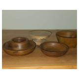 (2) Wood Bowls, (1) Teak Wood Chip Dip Bowl and (1) Cake / Mini Cake Stand